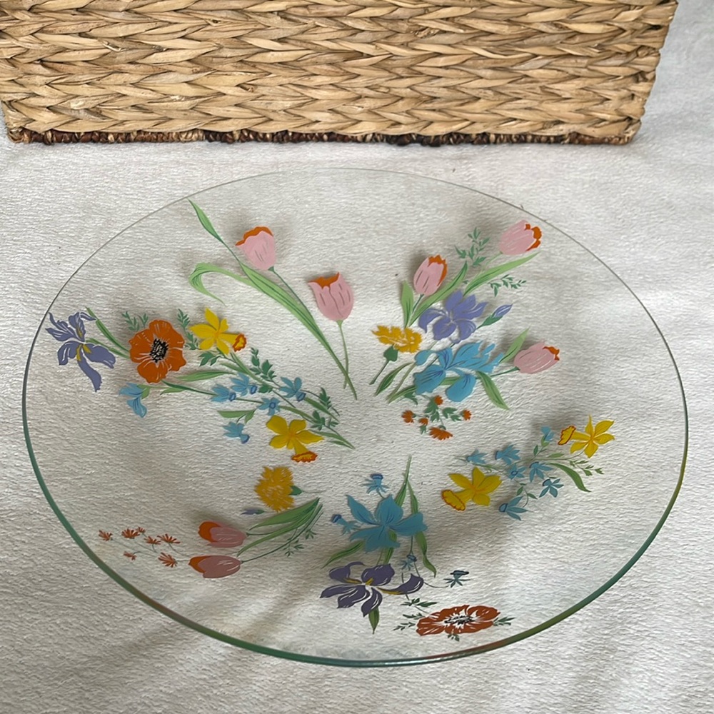 12 1/3” Round Hand Painted Bowl Clear Glass Blue Green Orange Table Centerpiece